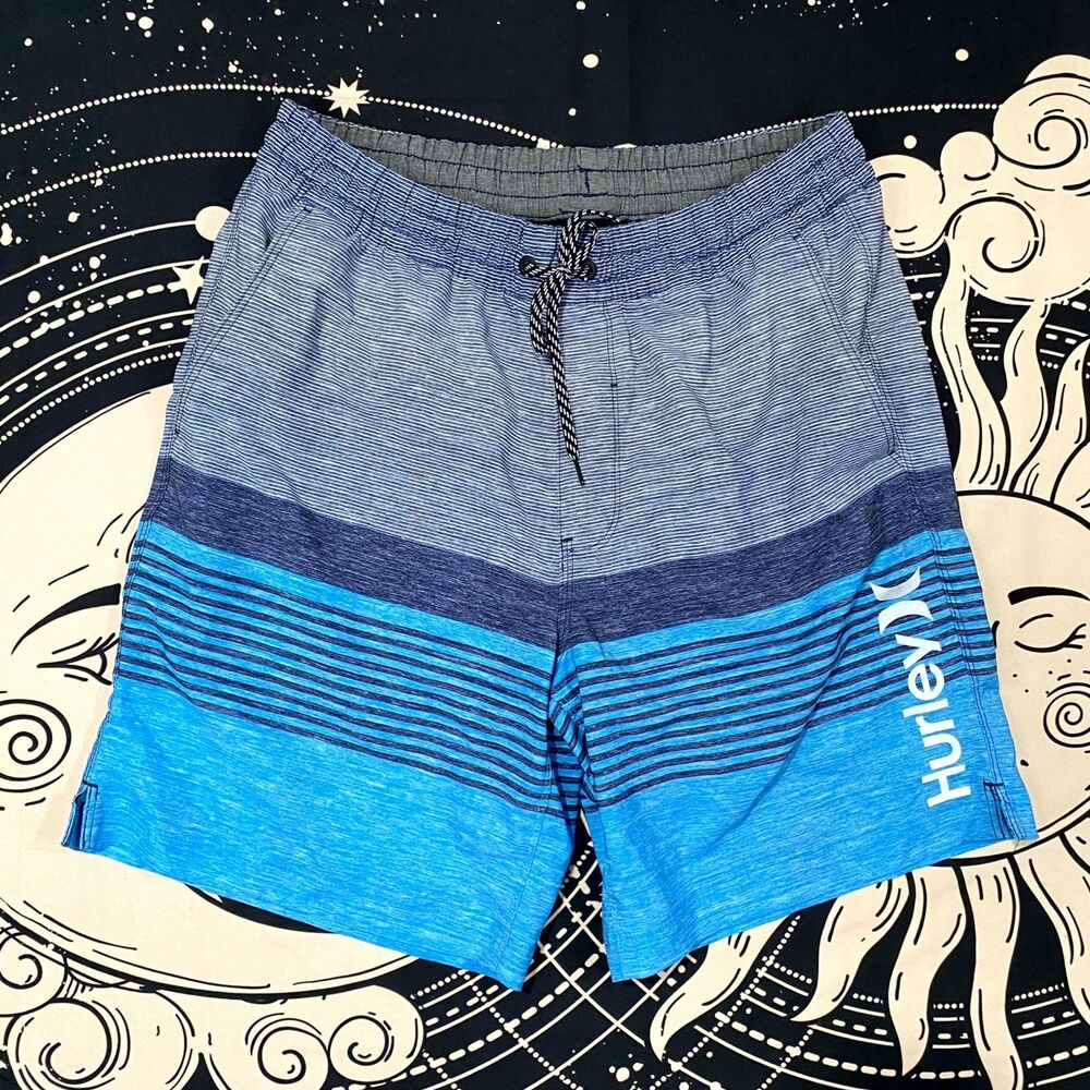 Hurley X Shorts Men's L Blue Bottom Striped Swimwear Summer Surf Stretch
